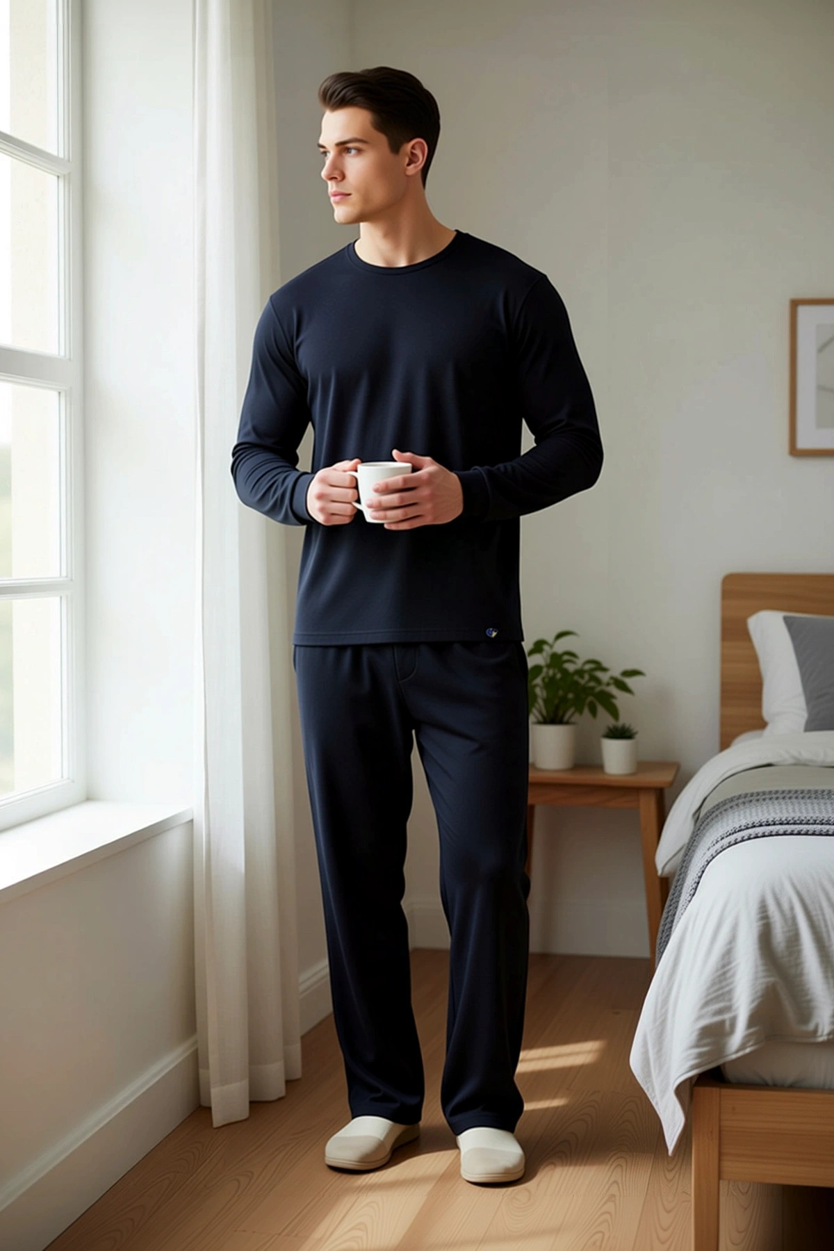 Erkek Büyük Beden Bisiklet Yaka Standart Kol Waffle Örme Pijama Takımı Fonksiyonel Estetik