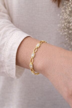 Belasso Kadın Altın Renk Baget Zirkon Taşlı Xuping Zincir Bileklik