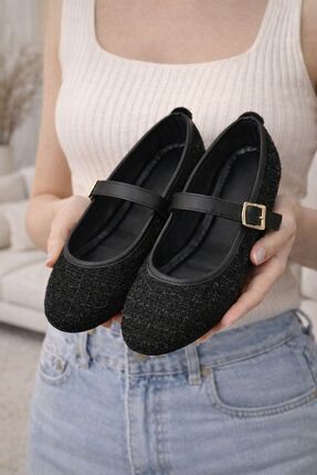 RynModa Tüvit Kumaş Tokalı Mary Jane Kadın Konforlu Babet Düz Taban Klasik Ay...