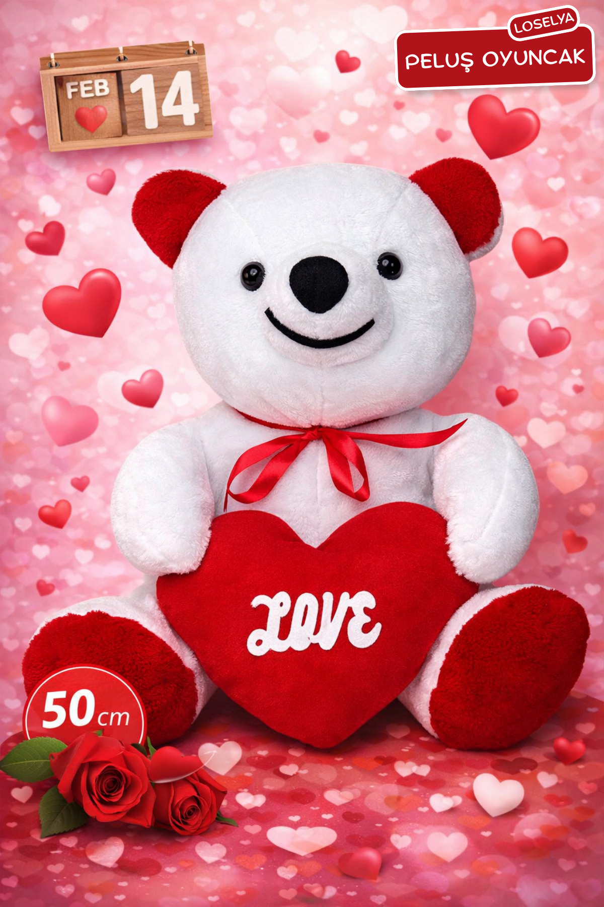 Valentine's Day Plush Toy Gift Red Love Hearted White Plush Teddy Bear 50cm