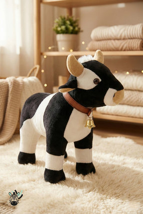Zebra Toys Sevimli Siyah Beyaz Çanlı Peluş İnek Oyuncak – Yumuşak Dokulu, Çanlı