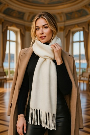 OFFO Yumuşak Dokulu Beyaz Püsküllü Kalın Şal - Sıcak Tutan Çok Amaçlı Aksesua...