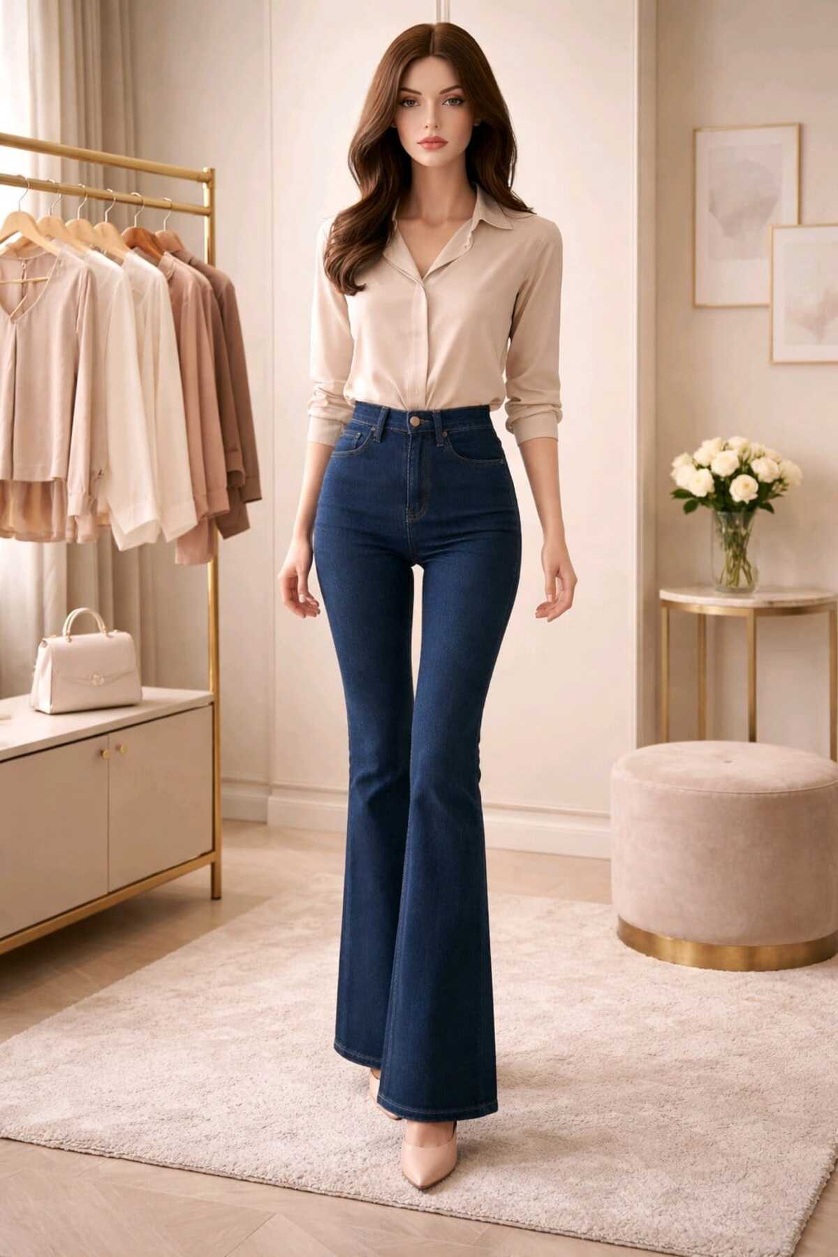 NWC  İspanyol Paça Flare Jeans Kot Pantolon Yüksek Bel Koyu Mavi Likralı (Yazlık İnce Kumas Süper Esnek) - Görsel 6