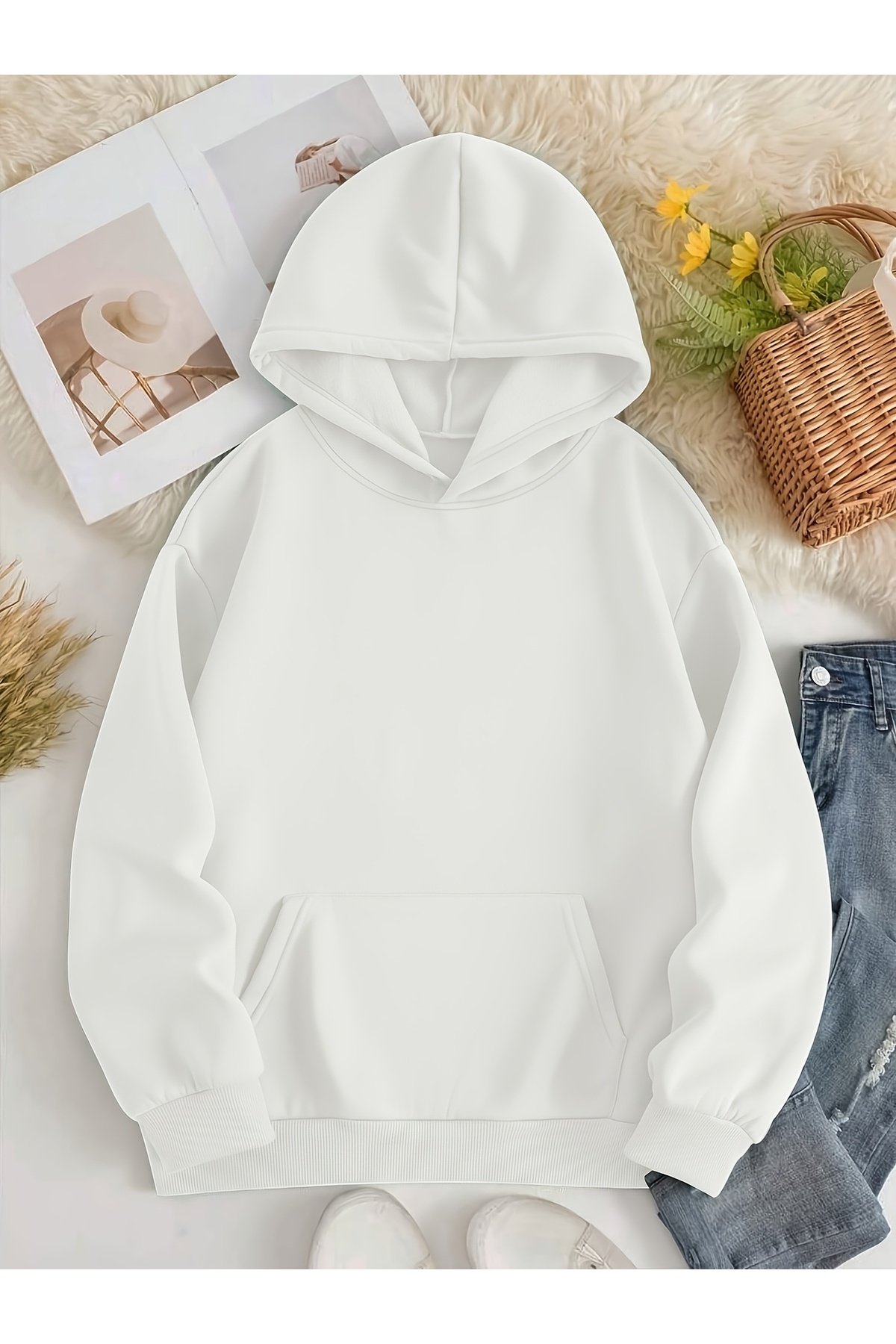 Deocept Unisex Kelebek Baskılı Kapüşonlu Kanguru Cepli Rahat Kalıp Oversize Kesim Sweatshirt görsel 2