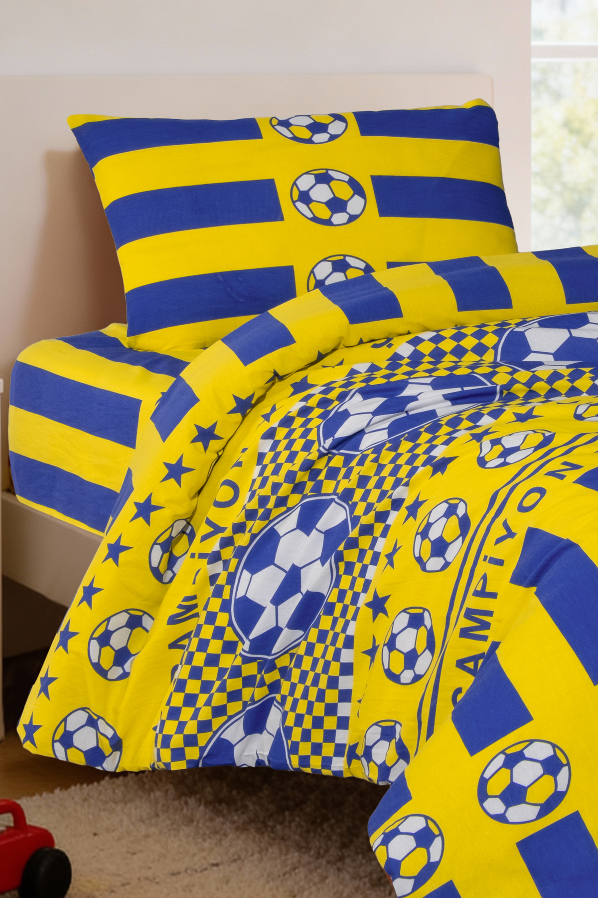 Yellow Navy Blue Single Fan Duvet Cover Set - Cotton Soft Texture