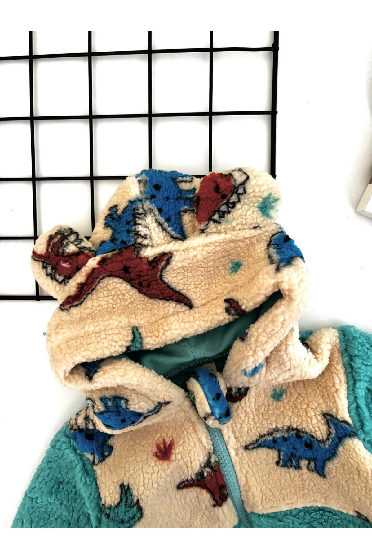 cacobutik erkek bebek dinazor baskılı içi şardonlu kapüşonlu fermuarlı teddy welsoft mont fotoğrafı 3 (önizleme)