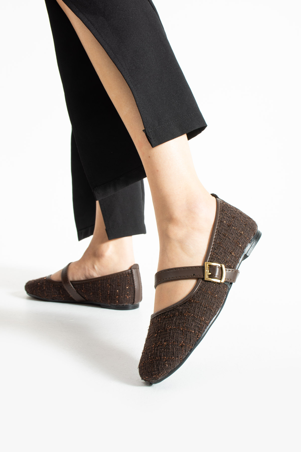 star shoes  Kahverengi Tüvit Kumaş Kadın Babet Şık Tokalı Ortopedik Taban Günlük Ayakkabı - Görsel 4