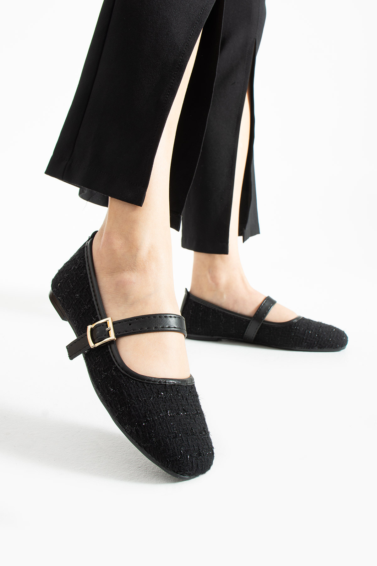 star shoes  Siyah Tüvit Kumaş Kadın Babet Şık Tokalı Ortopedik Taban Günlük Ayakkabı - Görsel 4