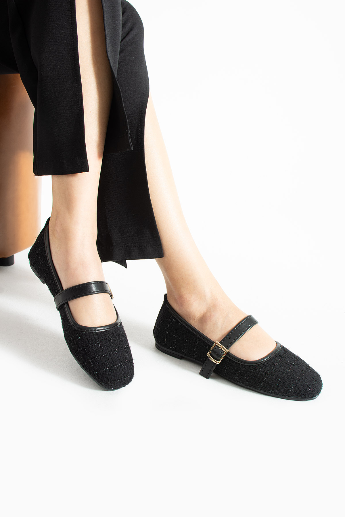 star shoes  Siyah Tüvit Kumaş Kadın Babet Şık Tokalı Ortopedik Taban Günlük Ayakkabı - Görsel 3