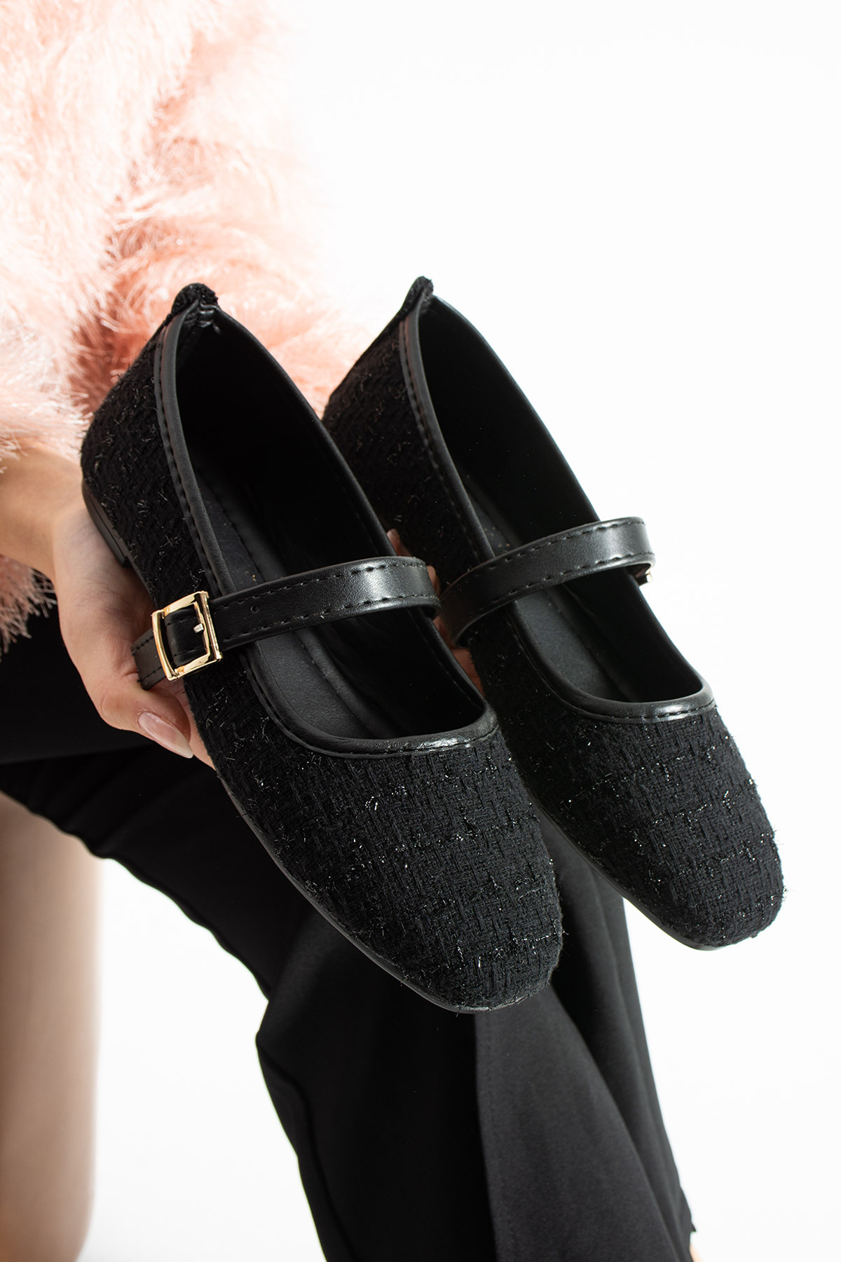 star shoes  Siyah Tüvit Kumaş Kadın Babet Şık Tokalı Ortopedik Taban Günlük Ayakkabı