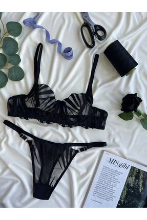 BTB UNDERWEAR Siyah Geometrik Şerit Detaylı Transparan Tül Modern İç Giyim Ta...