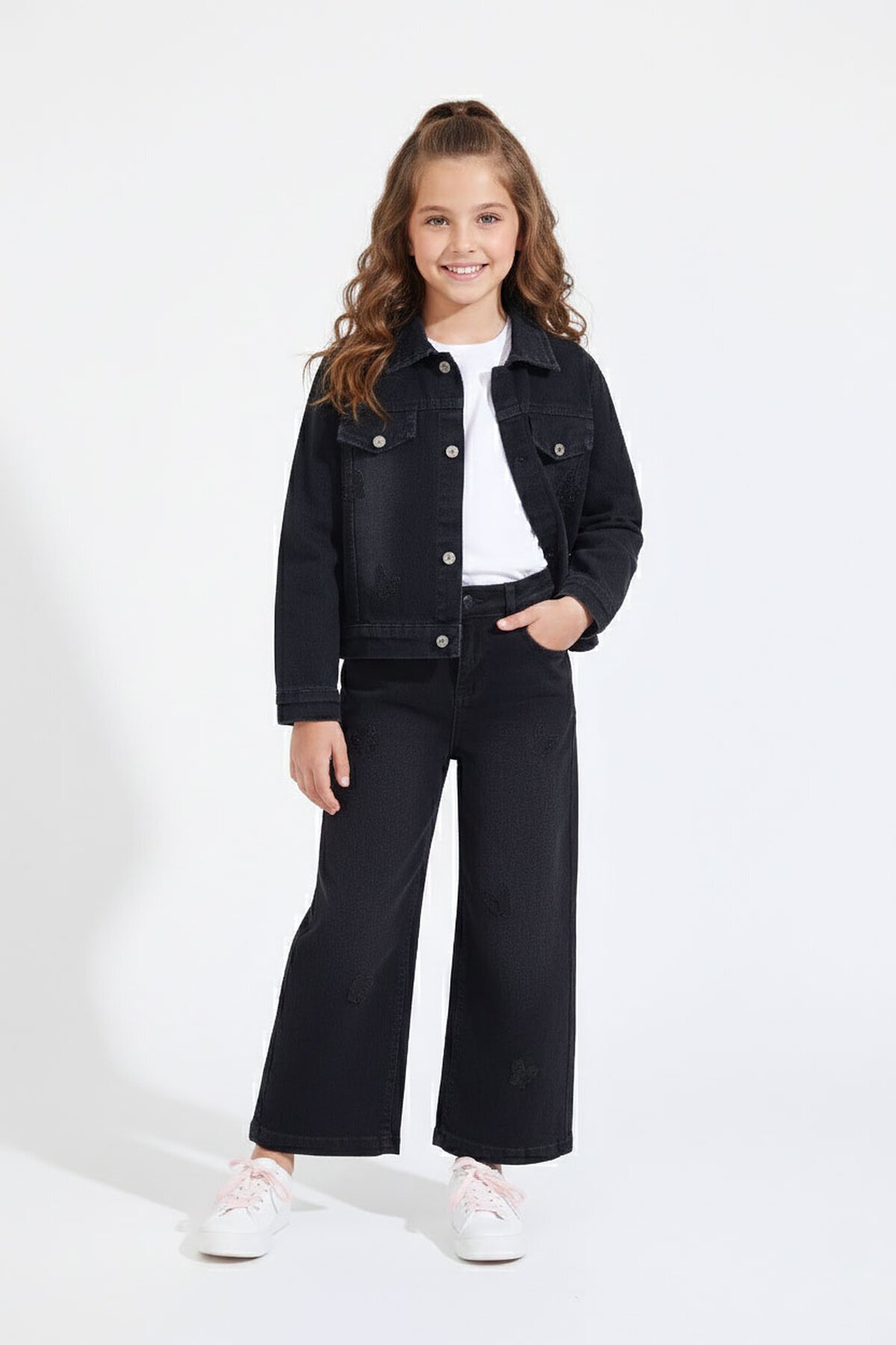 Black Butterfly Embroidered Buttoned Jacketed Pants Girl Jean Set 23445