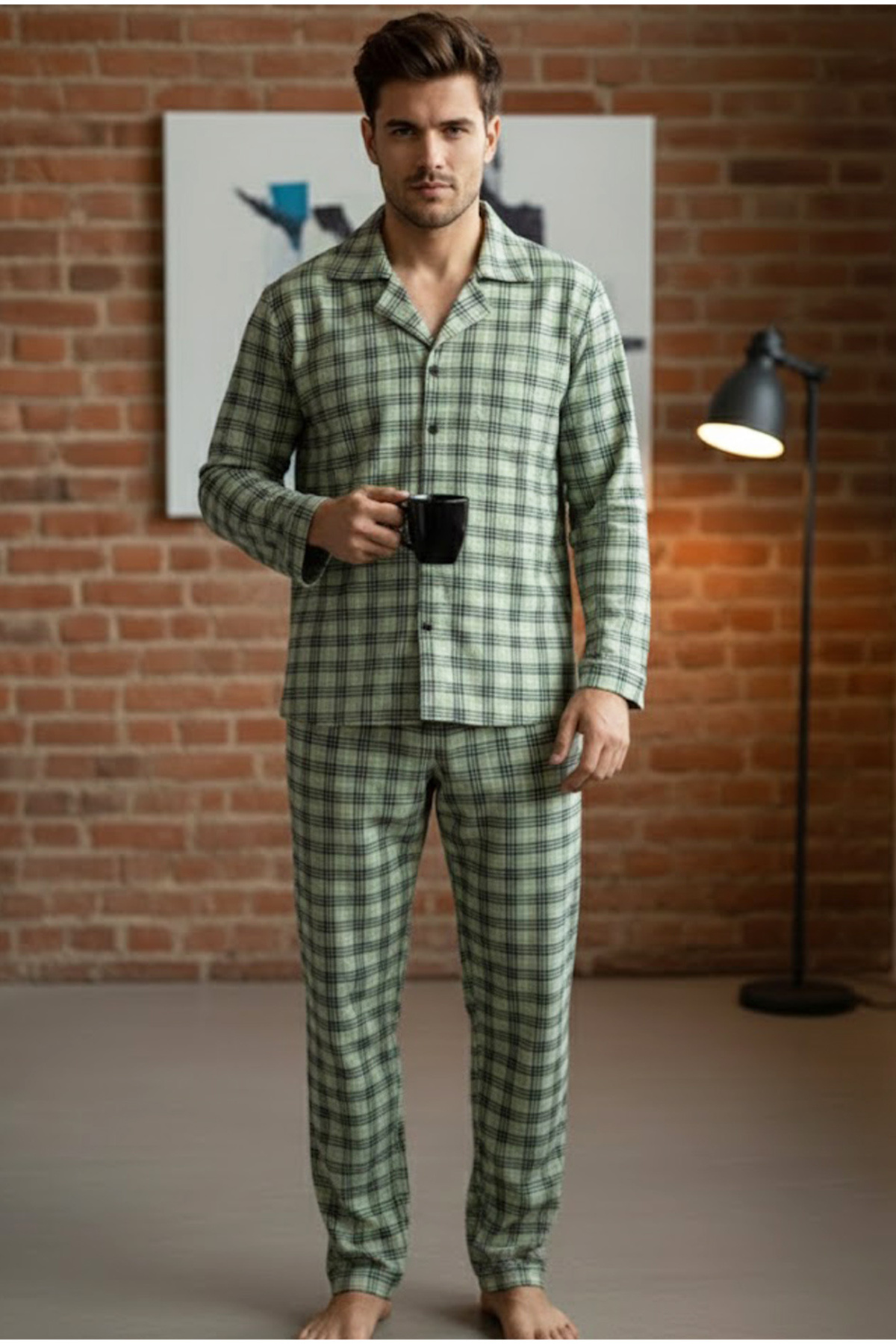 Siyah İnci yeşil ekoseli %100 Pamuklu Örme Düğmeli Pijama Takım 7985 görsel 2