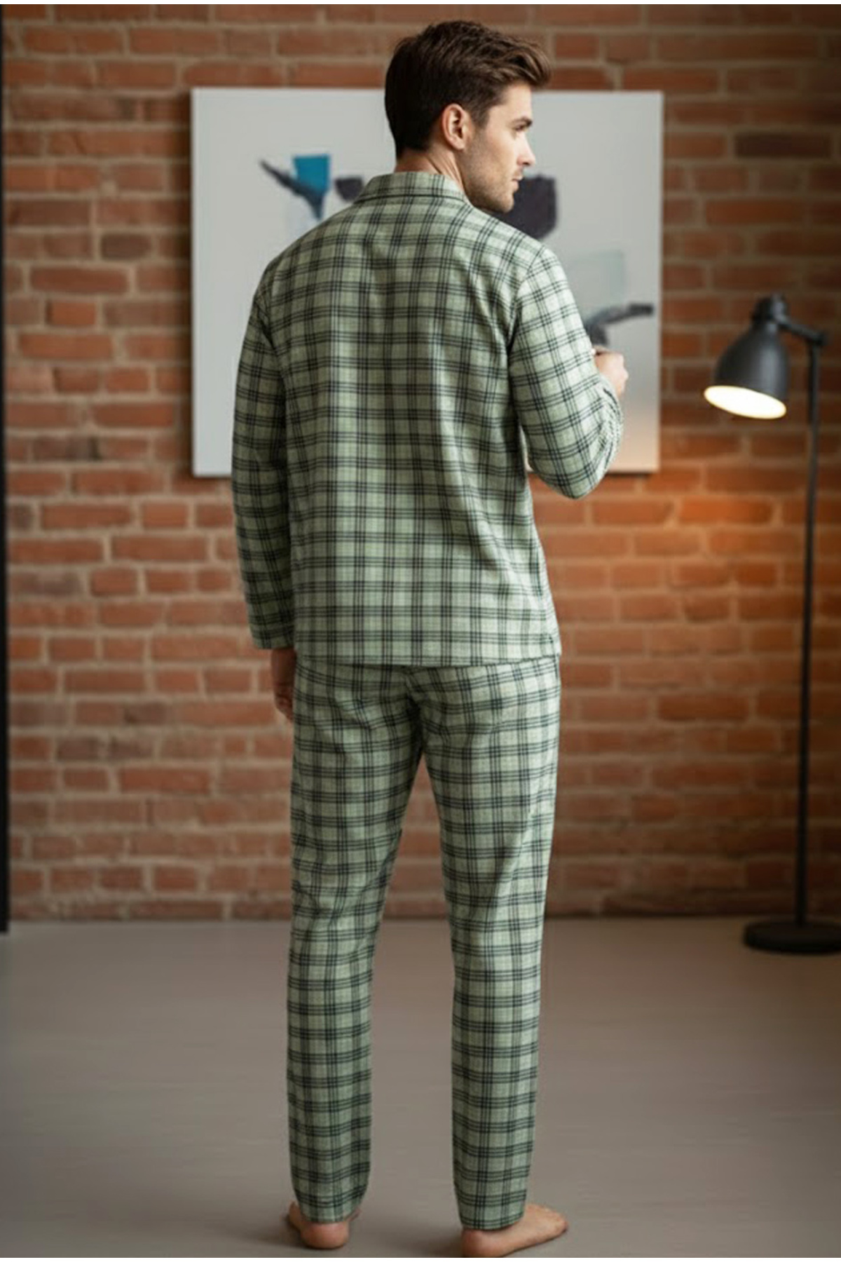 Siyah İnci yeşil ekoseli %100 Pamuklu Örme Düğmeli Pijama Takım 7985 görsel 3
