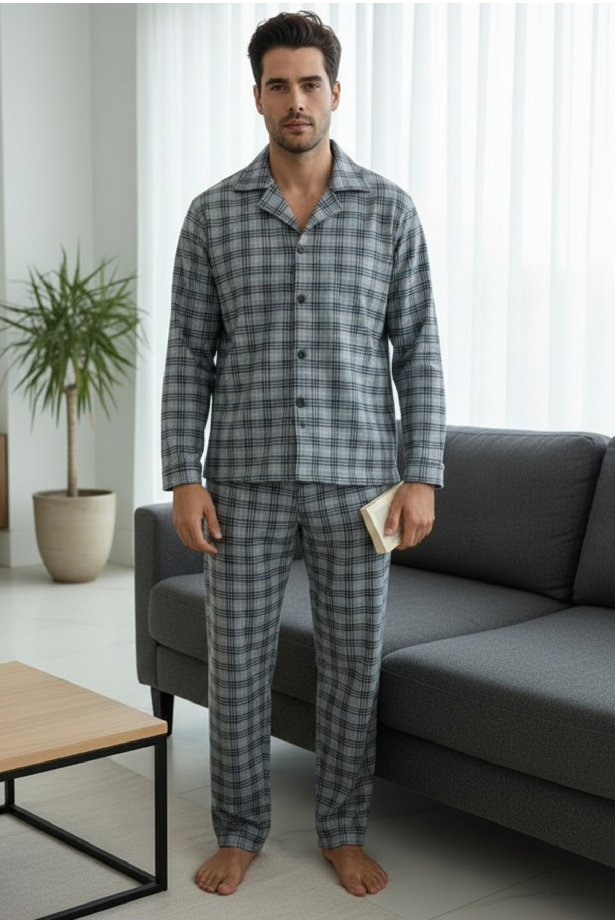 Siyah İnci mavi ekoseli %100 Pamuklu Örme Düğmeli Pijama Takım 7985 görsel 2