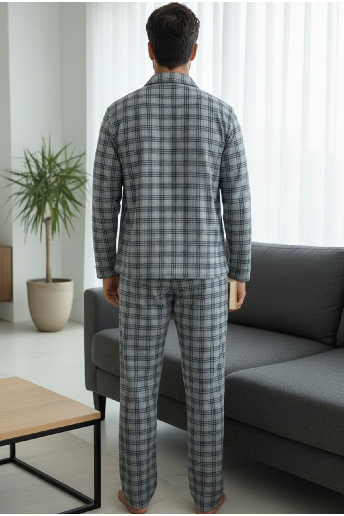 Siyah İnci mavi ekoseli %100 Pamuklu Örme Düğmeli Pijama Takım 7985 görsel 3