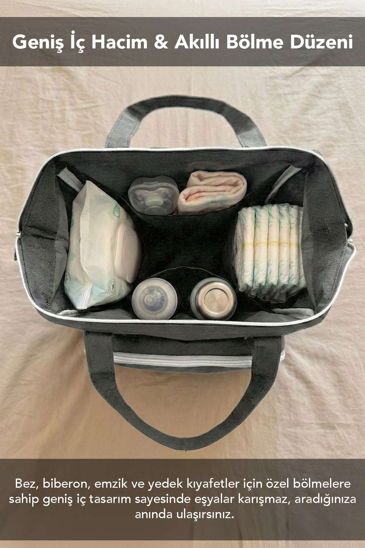 Meleni Baby 2'li Anne Bebek Seti - Bölmeli Anne Bebek Sırt Çantası ve Bebek Islak Mendil Bakım Çantası Gri fotoğrafı 3 (önizleme)