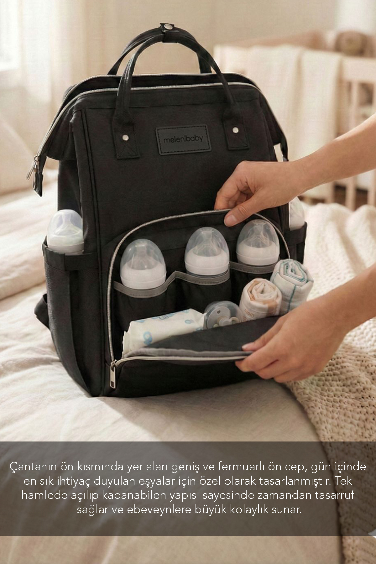Meleni Baby 2'li Anne Bebek Seti - Bölmeli Anne Bebek Sırt Çantası ve Bebek Islak Mendil Bakım Çantası Siyah fotoğrafı 2 (önizleme)