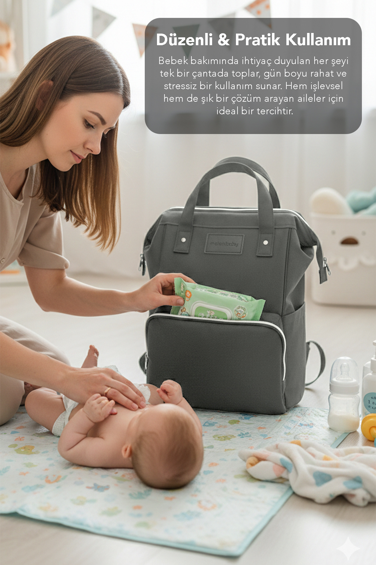 Meleni Baby 2'li Anne Bebek Seti - Bölmeli Anne Bebek Sırt Çantası ve Bebek Islak Mendil Bakım Çantası Gri fotoğrafı 5 (önizleme)