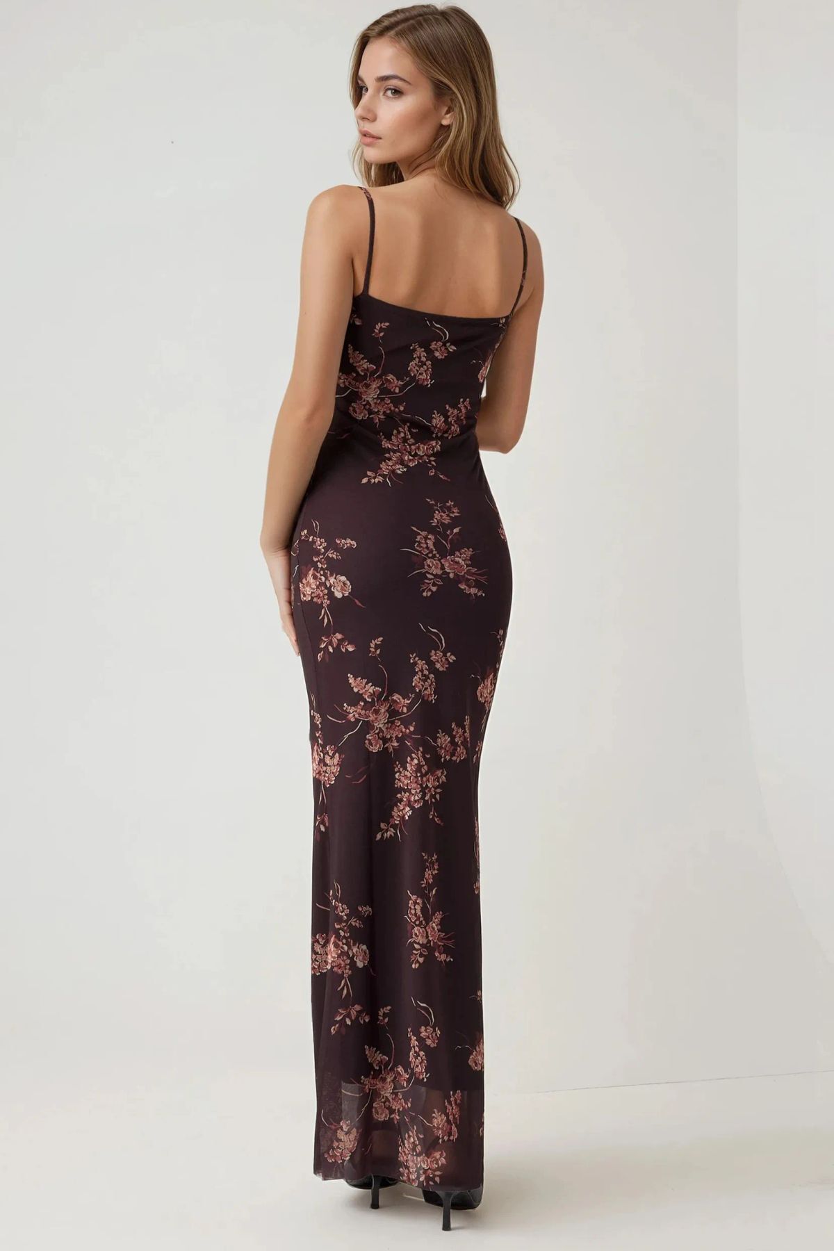 Hiccup  Degaje Yaka Desenli Maxi Tül Elbise - Görsel 4