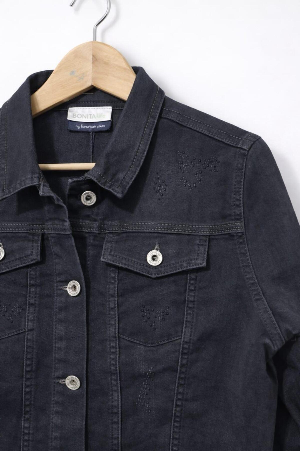 BONİTA YIRTIK TAS DETAYLI KAPAK CEPLI UZUN DENIM MONT görsel 3