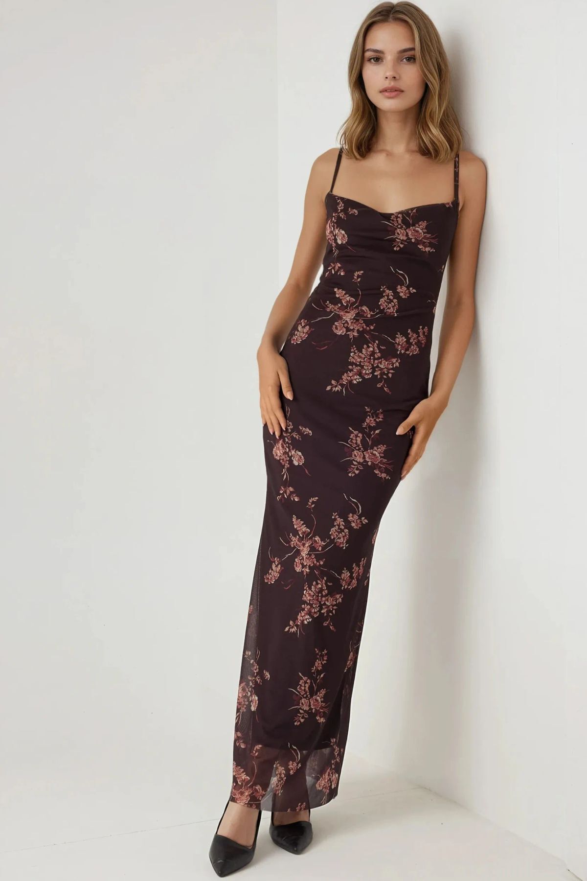 Hiccup  Degaje Yaka Desenli Maxi Tül Elbise