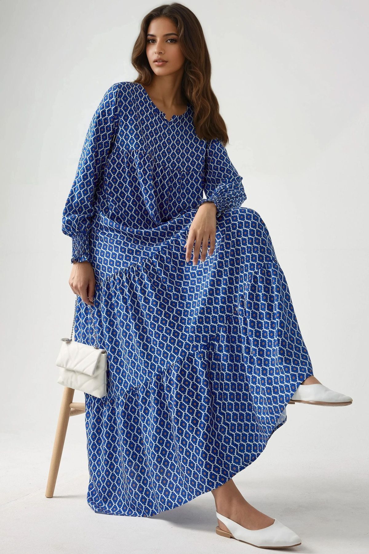Hiccup Patterned Viscose Modest Dress with Round Neck