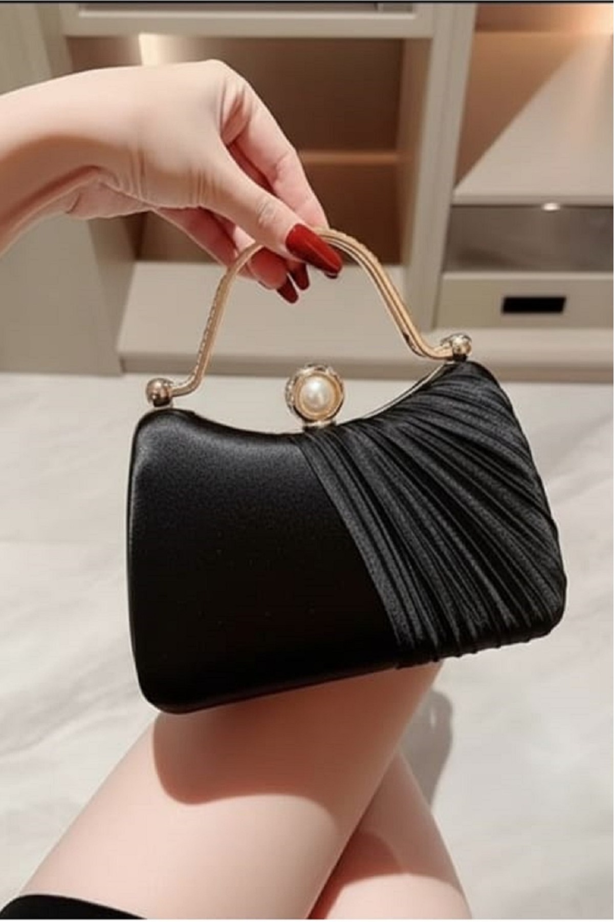 Satin Evening Bag Pearl Detailed Gold Handle Handbag