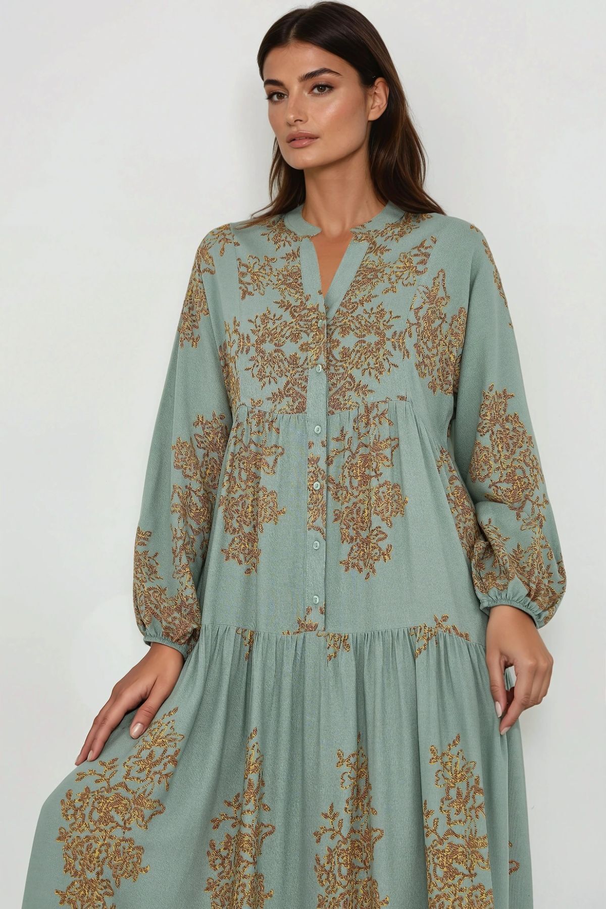 Hiccup Shirt Collar Patterned Viscose Modest Dress