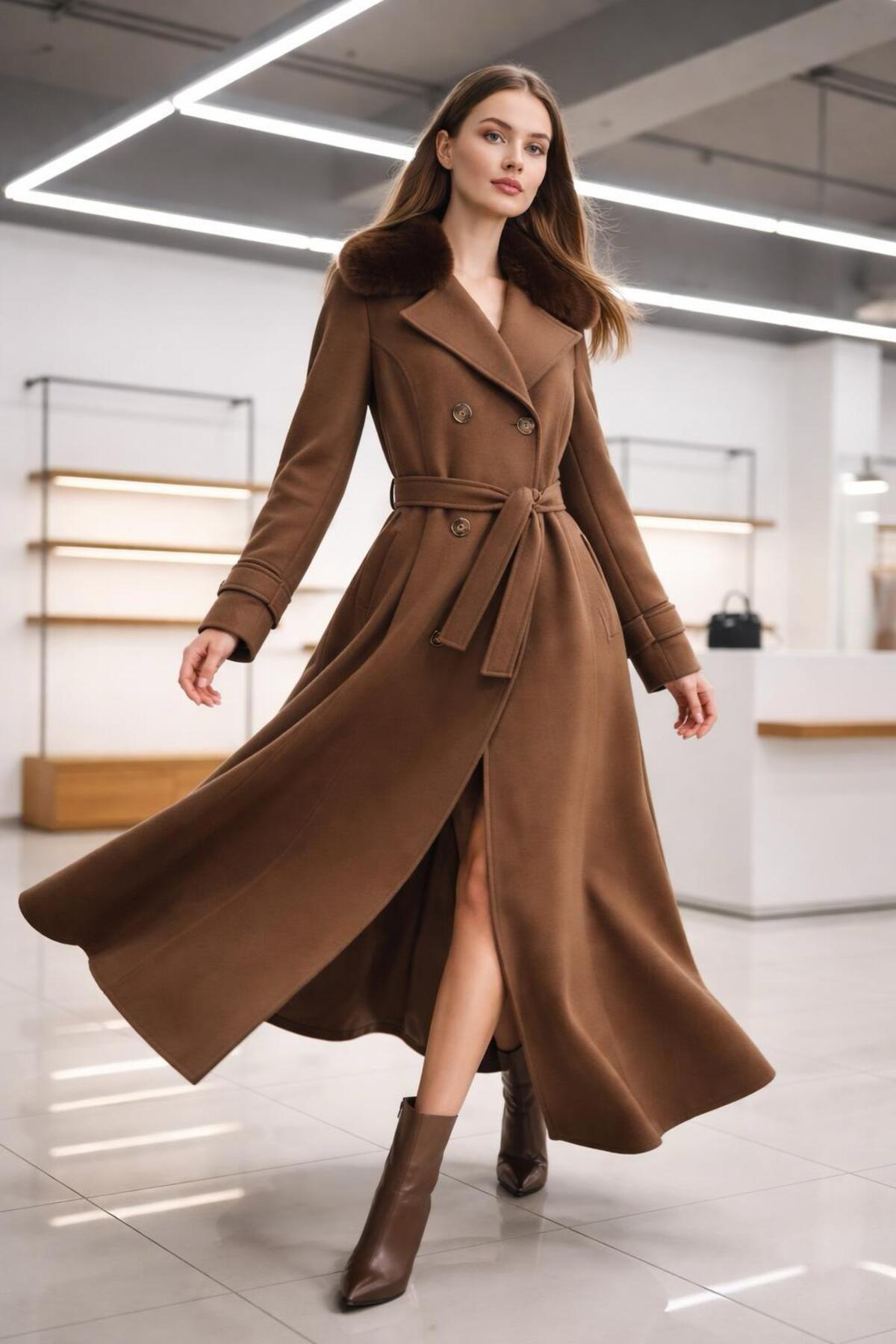 ESİN GİYİM  Kürk Yakalı Kruvaze Kaşe Manto- Old Money Tarz - Görsel 2