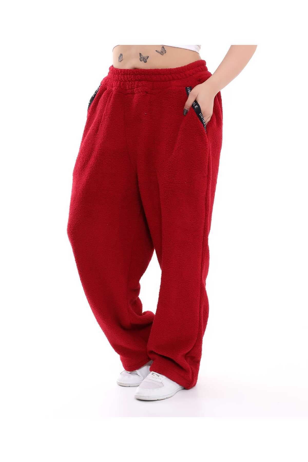 BİrHoşButik BÜYÜK BEDEN LİKRALI YUMUŞACIK CEPLİ RİBANALI FERMUARSIZ KIŞLIK TREND TREND PELUŞ POLAR EŞOFMAN ALTI