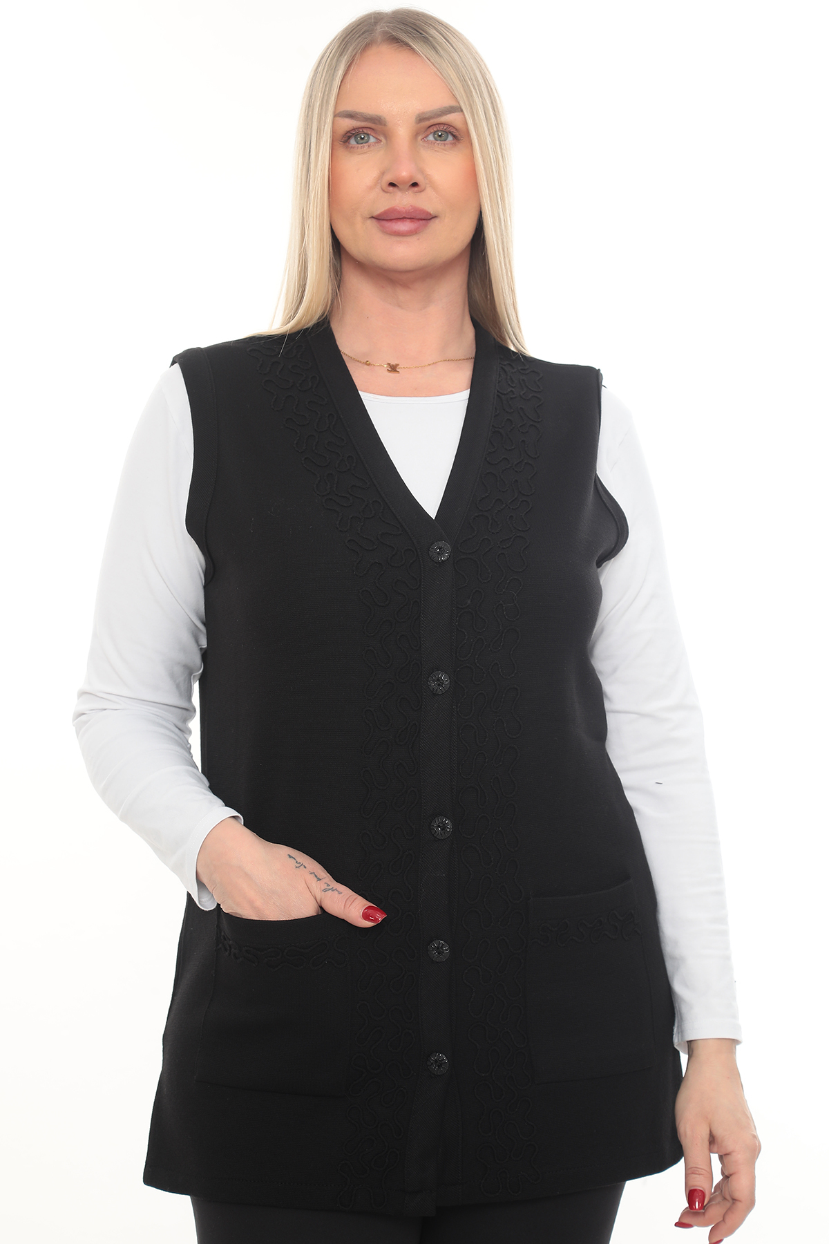 Steel Knit Knitwear Winter Thick Mother Knit Buttoned Long Vest with Pockets