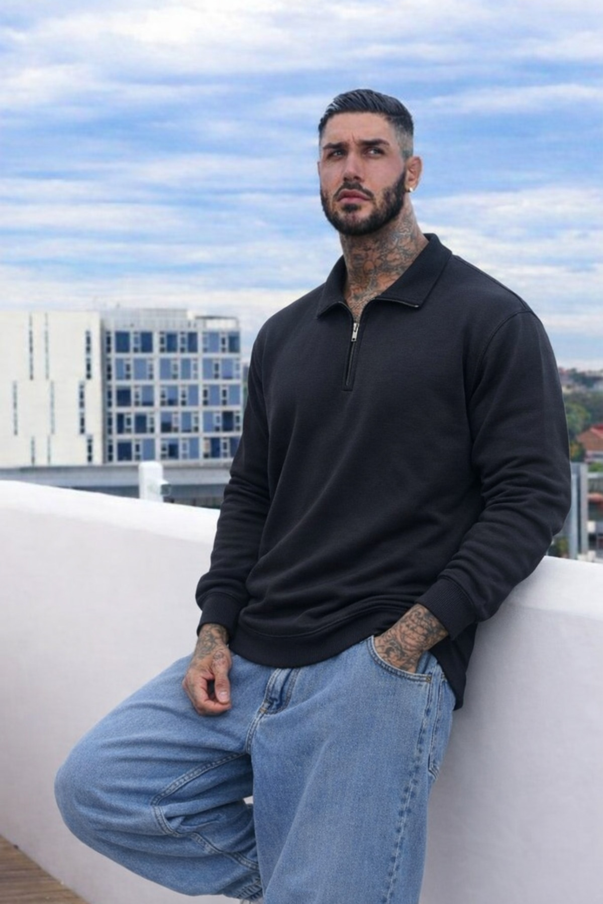 Maccali Erkek Günlük Büyük Beden Casual Siyah Sweatshirt