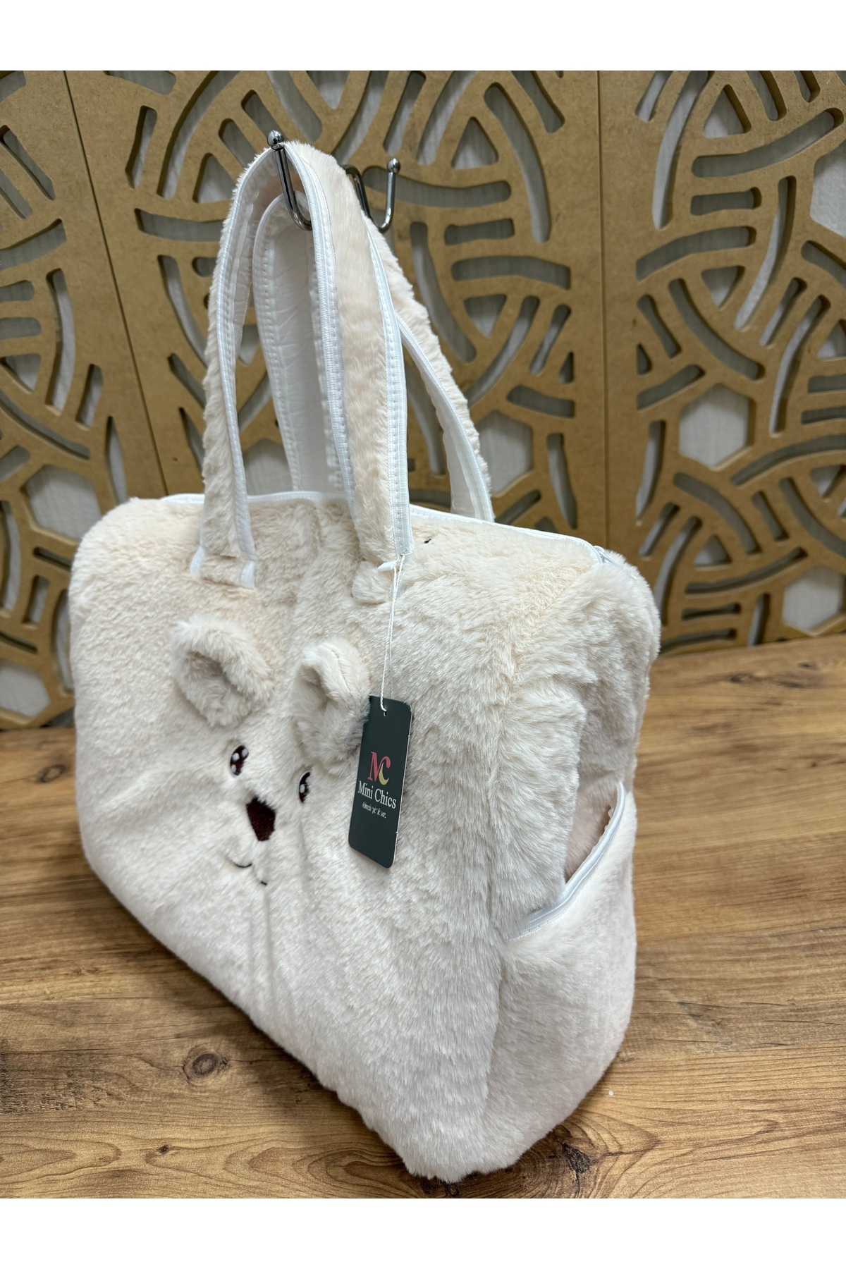 Mini Chics Lüks Peluş Kumaş Ayıcık Nakışlı Bebek Taşıma & Çantası Anne Çantası fotoğrafı 6 (önizleme)