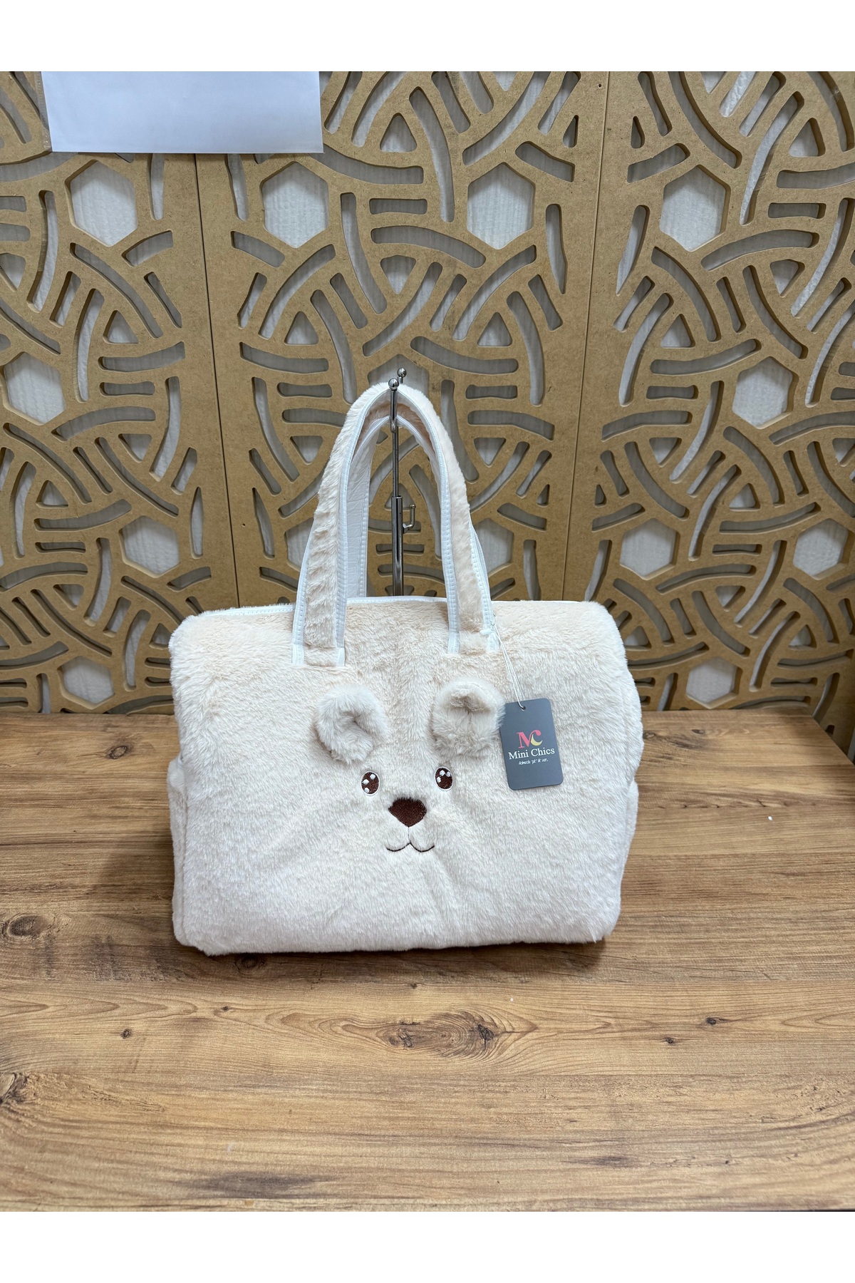 Mini Chics Lüks Peluş Kumaş Ayıcık Nakışlı Bebek Taşıma & Çantası Anne Çantası fotoğrafı 5 (önizleme)