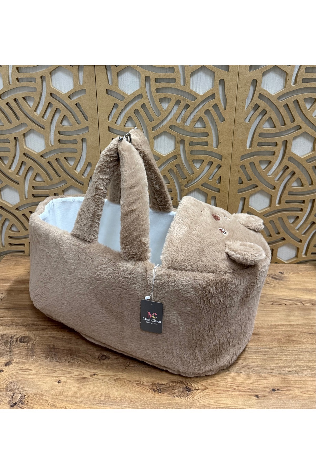 Mini Chics Lüks Peluş Kumaş Ayıcık Nakışlı Bebek Taşıma & Çantası Anne Çantası fotoğrafı 3 (önizleme)