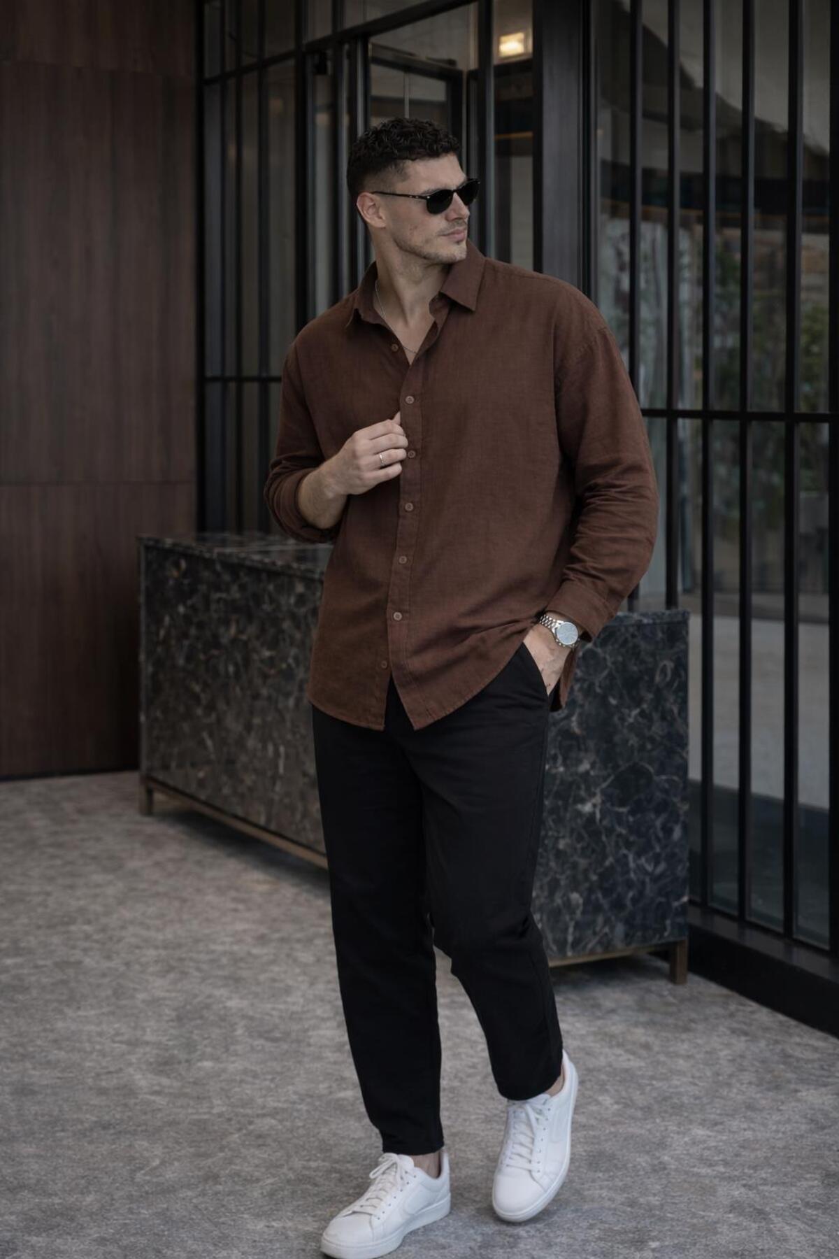 Valiberta  Nefes Alabilir Yarım Oversize Müslin Kumaş Uzun Kol Yakalı Erkek Gömlek - Kahve - Görsel 7