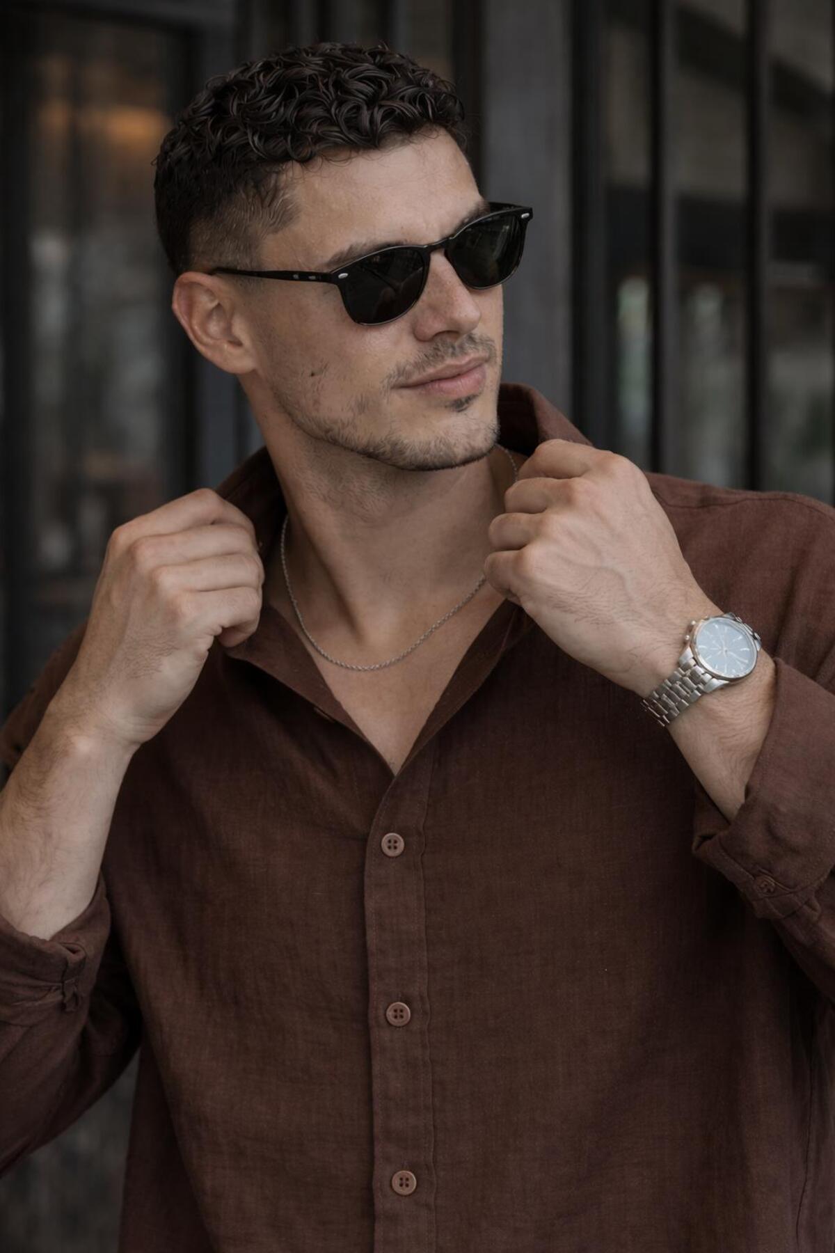 Valiberta  Nefes Alabilir Yarım Oversize Müslin Kumaş Uzun Kol Yakalı Erkek Gömlek - Kahve - Görsel 6