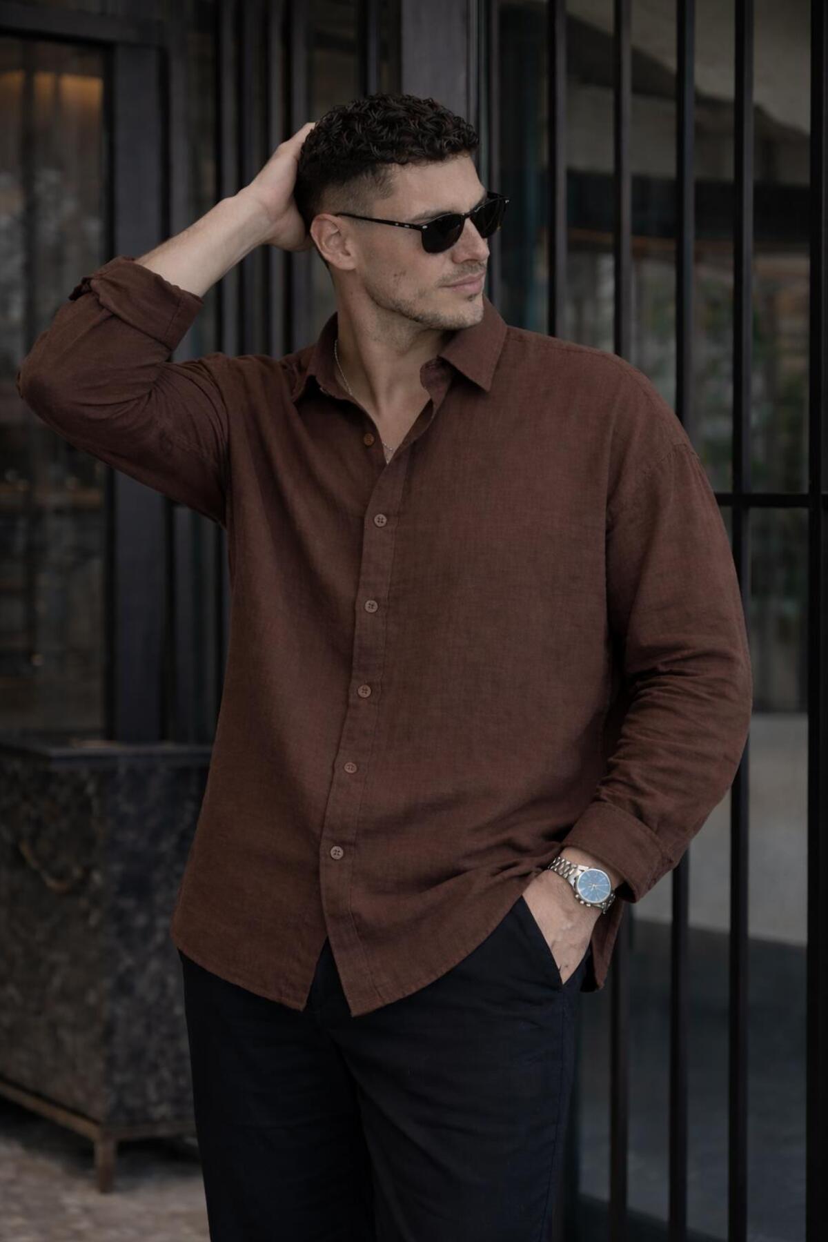 Valiberta  Nefes Alabilir Yarım Oversize Müslin Kumaş Uzun Kol Yakalı Erkek Gömlek - Kahve - Görsel 8