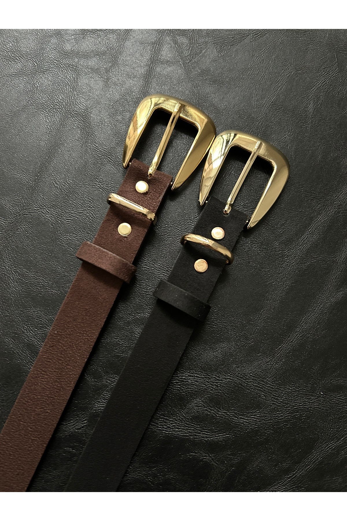 LİA KEMER  2'li Jewel Düz Desenli Süet Kadın Gold Tokalı Kemer Ceket Kemeri Elbise Kemeri Pantolon Kemeri