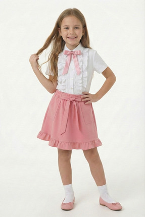 FATELLA Kız Çocuk Pembe Fiyonklu Fırfır Detaylı Gömlek Cepli Fırfırlı Etek 23...