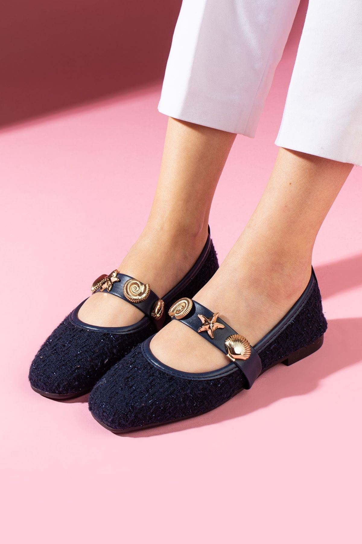 FUGA MODA  Veneta Lacivert Simli Kumaş Deniz Kabuğu Yıldız Aksesuar Bantlı Babet - Görsel 4