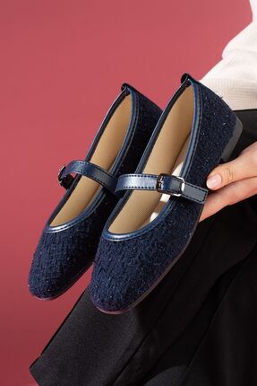 FUGA MODA Camelia Lacivert Simli Kumaş Nikel Tokalı Kemer Bantlı Babet