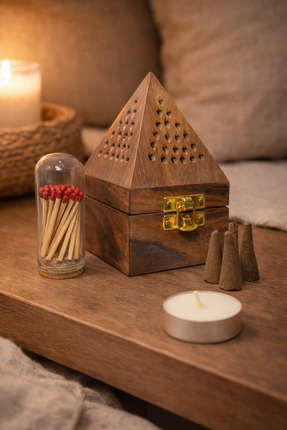 memyap Ahşap Konik Tütsülük Seti + 5 Adet Konik Tütsü + 30’lu Kibrit- Ahşap K...