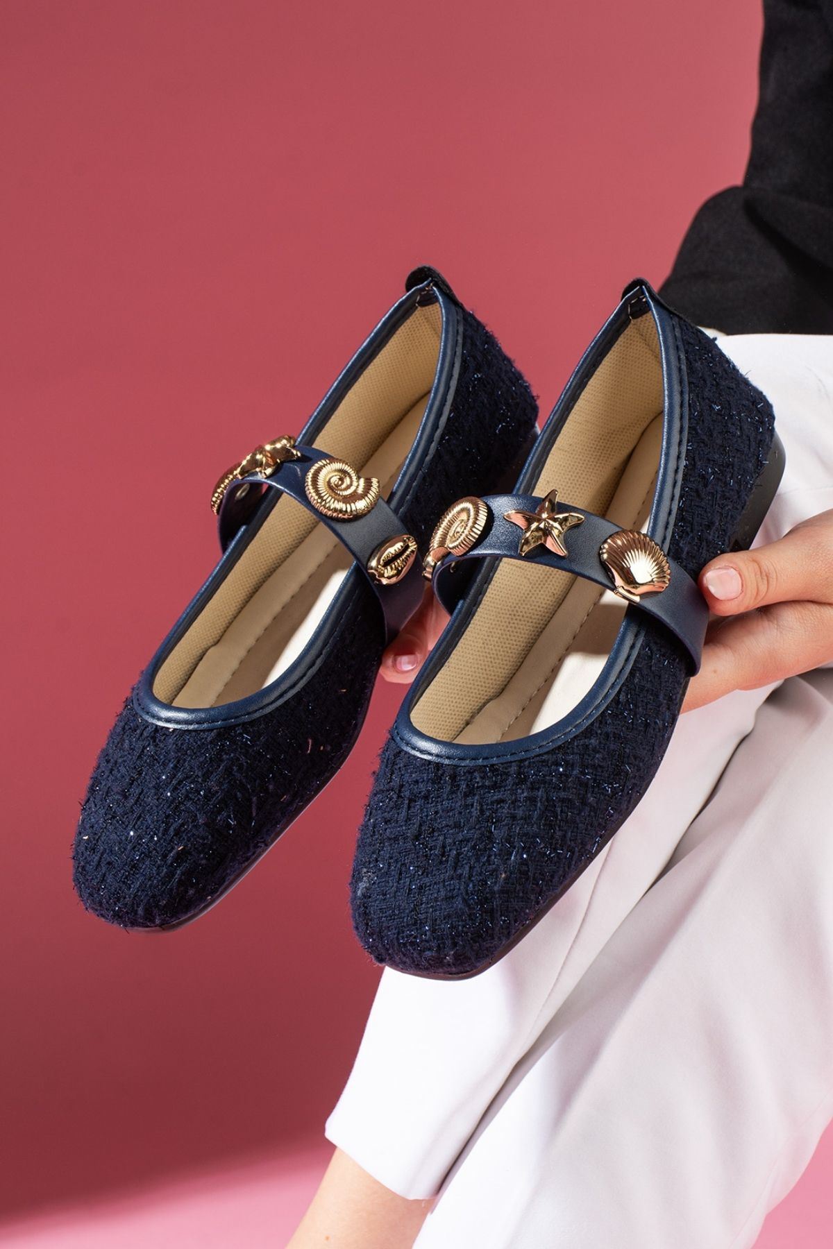 FUGA MODA  Veneta Lacivert Simli Kumaş Deniz Kabuğu Yıldız Aksesuar Bantlı Babet