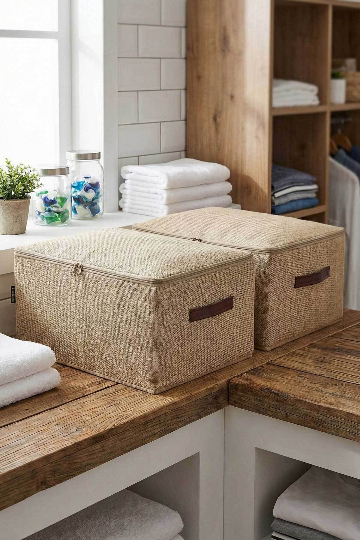 Jute 2-Piece Set Multipurpose Base Bottom and Cabinet Organizer Box Pulp 35x42x23 cm