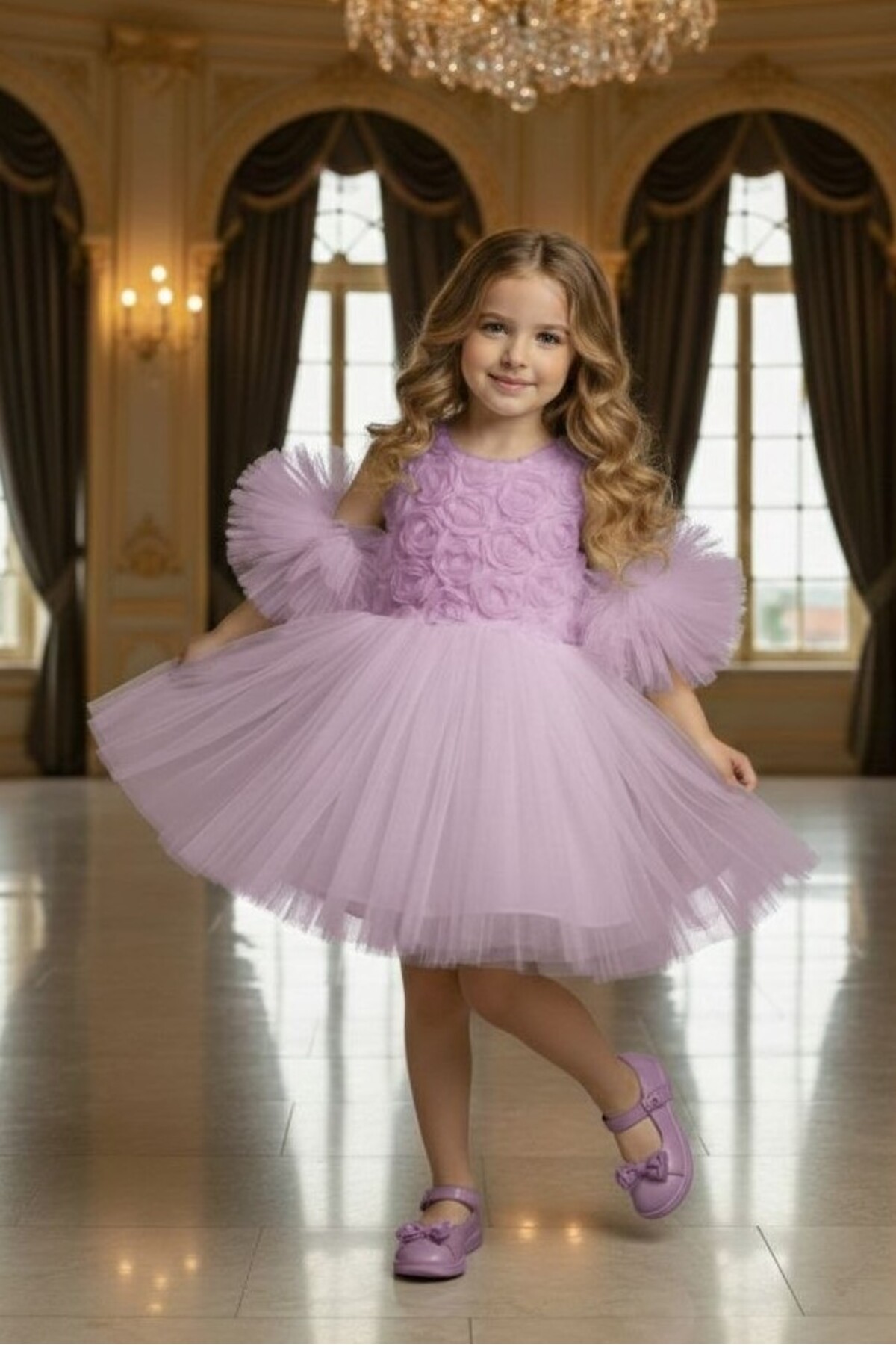 Ponponlu Kollu Gül Kabartmalı Çocuk Abiye Elbise Aby246