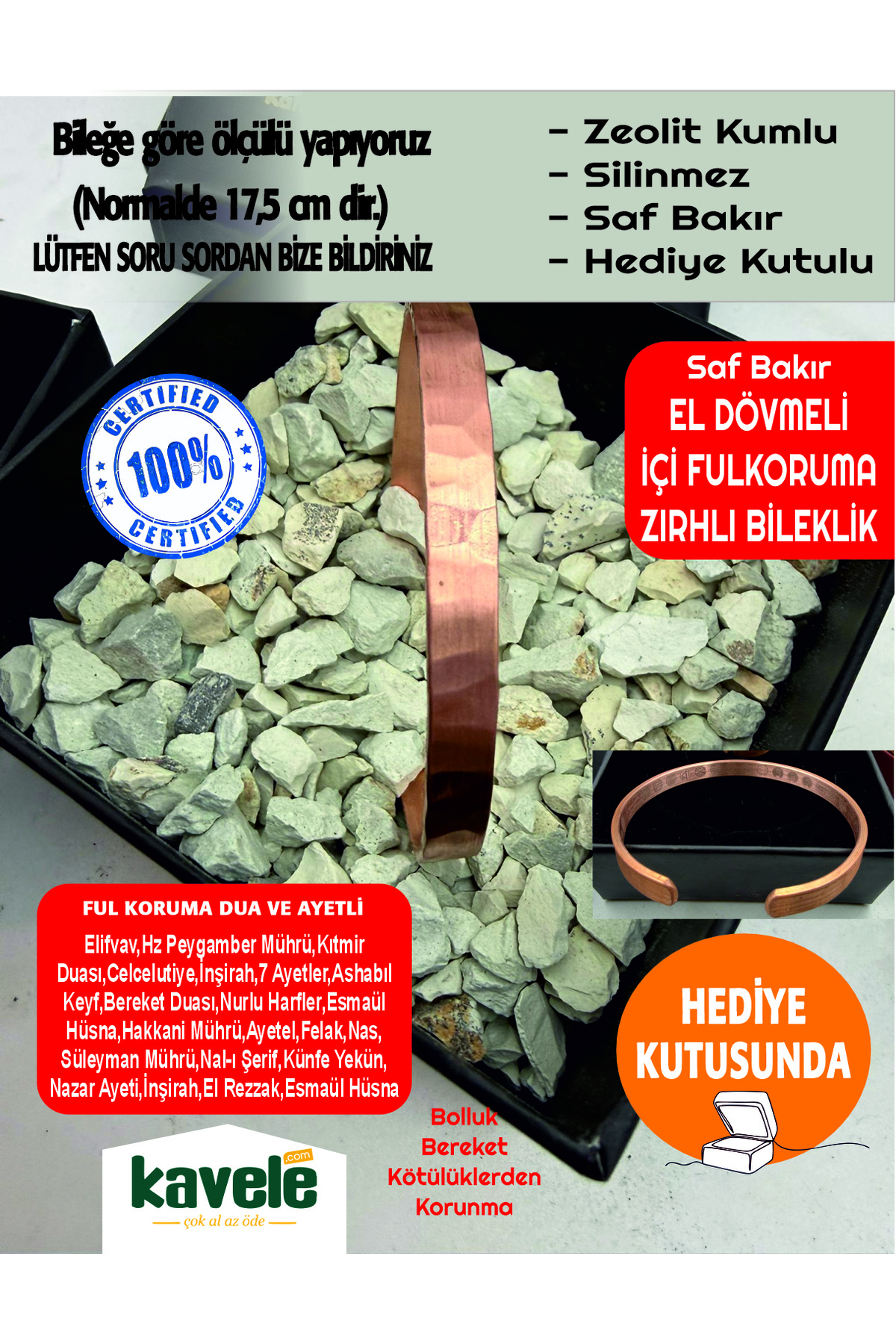 Ham saf bakır Gerçek El dövme Zeolit Taşlı Zırhlı Ayetli Bakır Bileklik-Hediyelik Kutuda