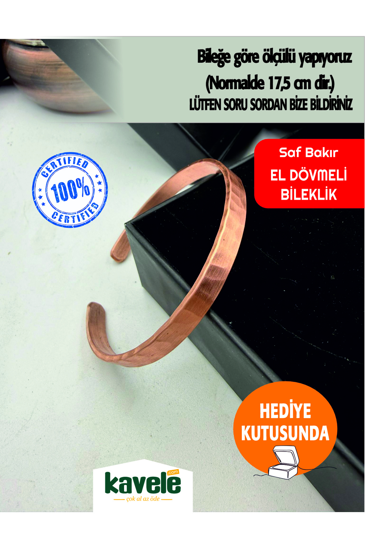 Ham saf bakır Gerçek El dövme Bakır Bileklik-Hediyelik Kutuda