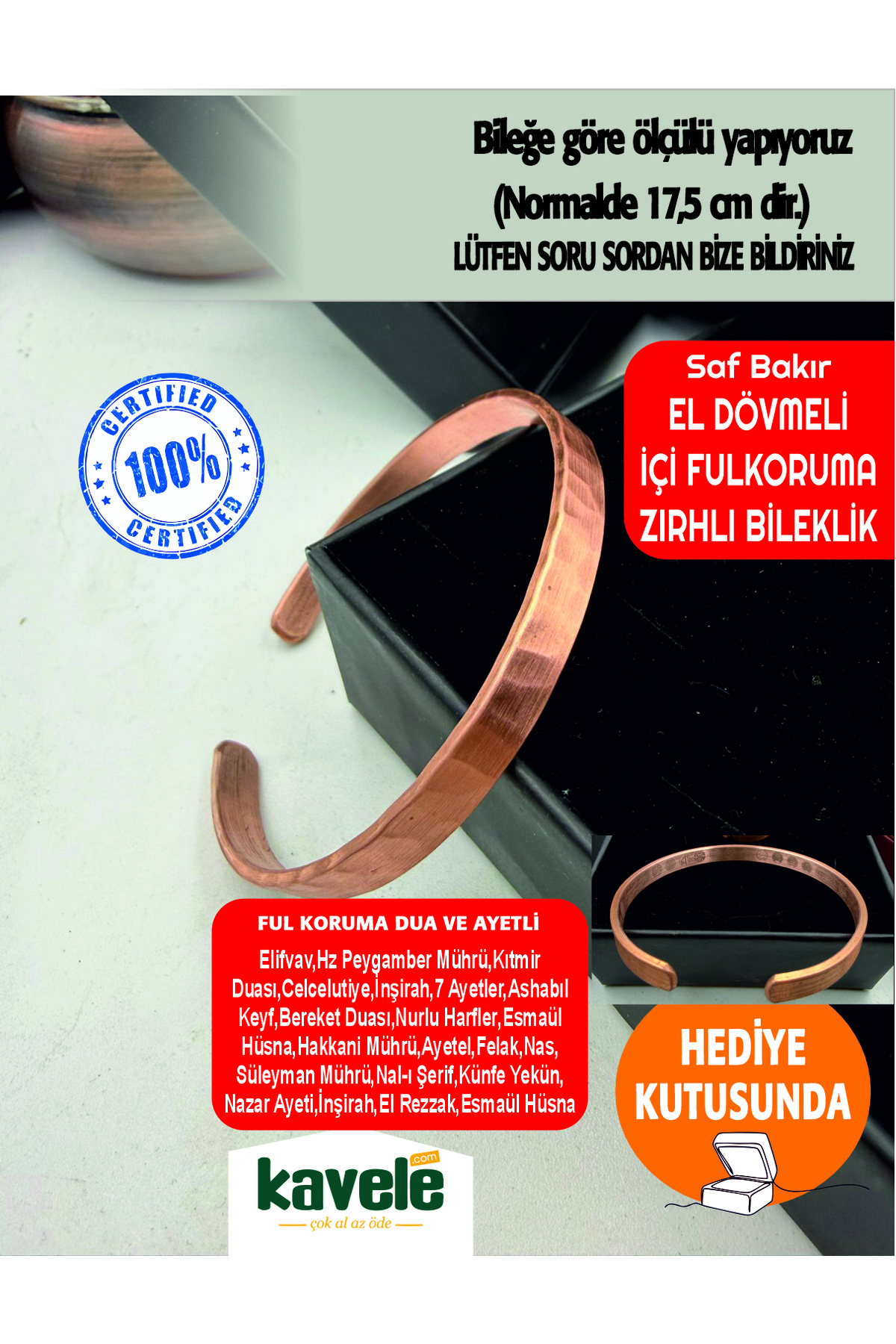 Ham saf bakır Gerçek El dövme Zırhlı Ayetli Bakır Bileklik-Hediyelik Kutuda